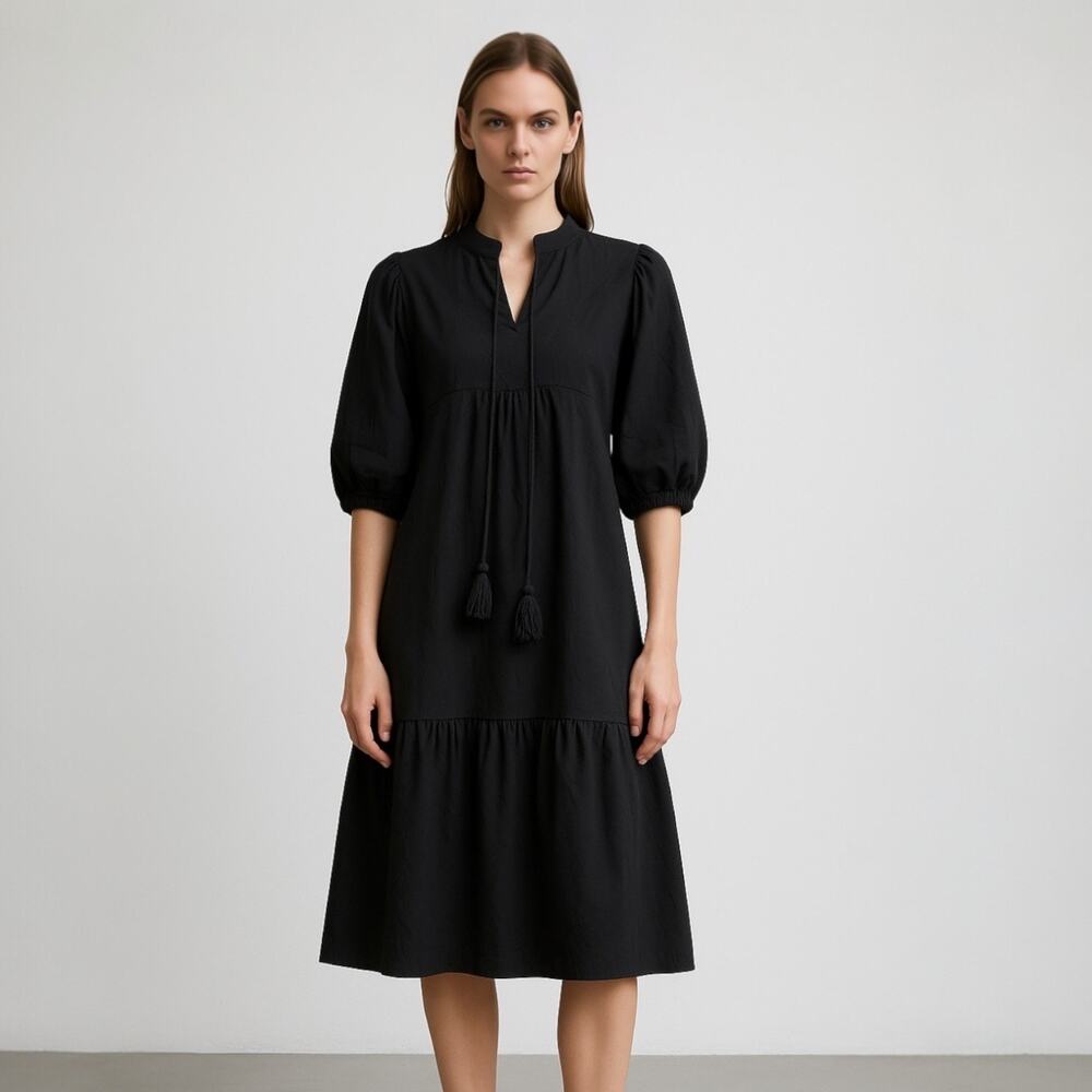 Blank Black Balloon Sleeve Tassel Tie Neck Split V-Neck Tiered Midi Dress Sz XS